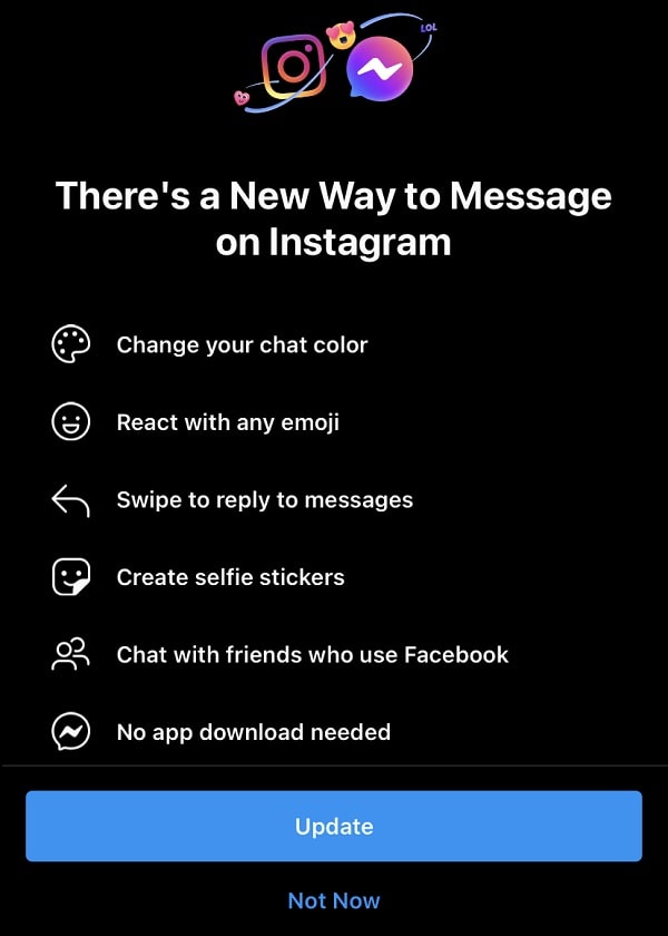 Use Instagram to send Facebook Messages