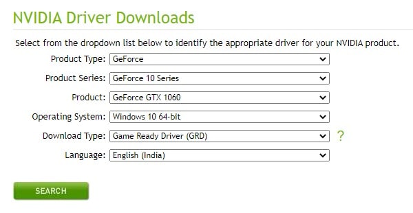 Search for NVIDIA Graphics Card Driver