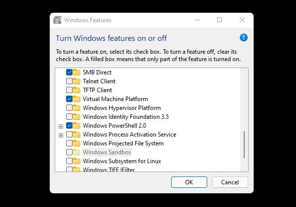 Virtual Machine Platform - Turn Windows feature on or off
