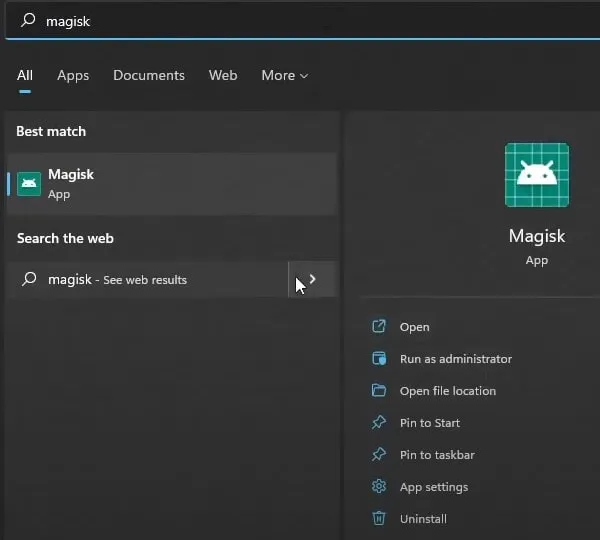 Open Magisk App using Windows Search - Install WSA with Play Store and Magisk