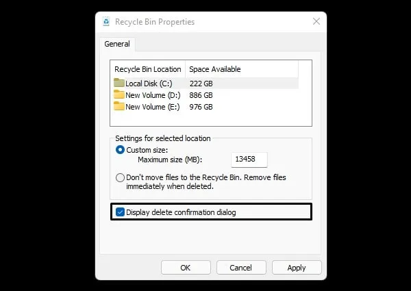 Enable Display delete confirmation dialog Windows 11