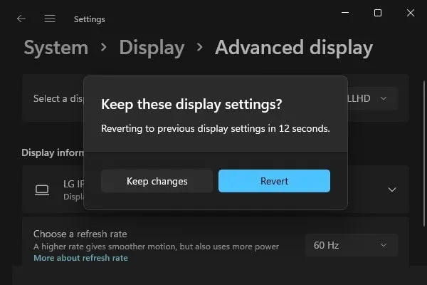 Keep these display settings - Change Refresh Rate on Windows 11