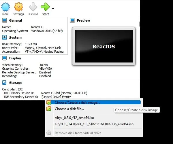 Select disk image for ReactOS