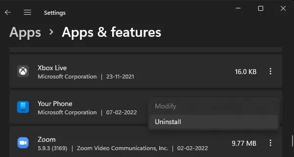 Uninstall Zoom App from Windows 11