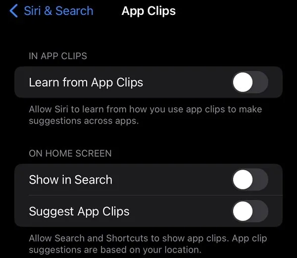 Disable Siri & Search for App Clips 