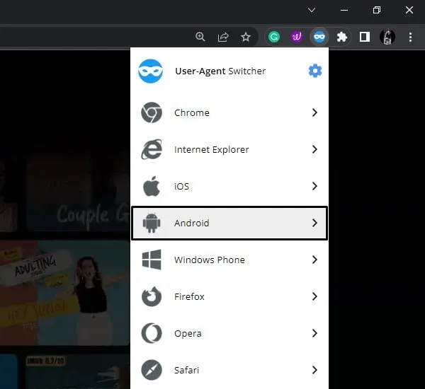 Select Android in User Agent Switcher