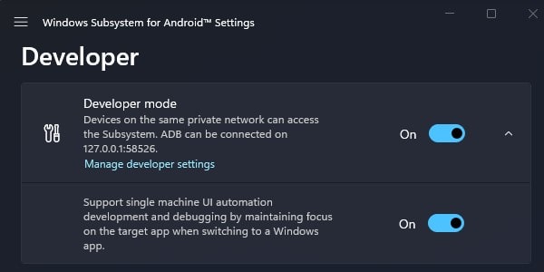 Enable Developer Mode on Windows Subsystem for Android Settings