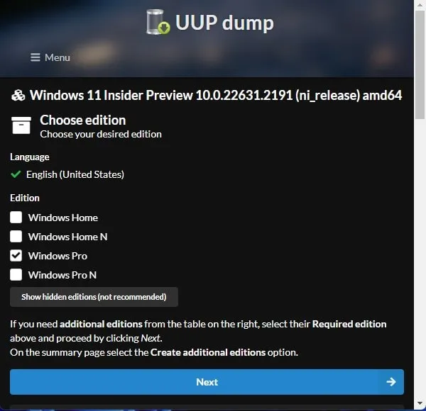 Select Windows 11 23H2 Pro ISO