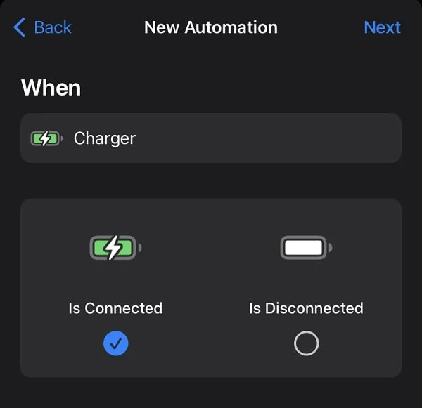 Select Is Connected Option in Automation