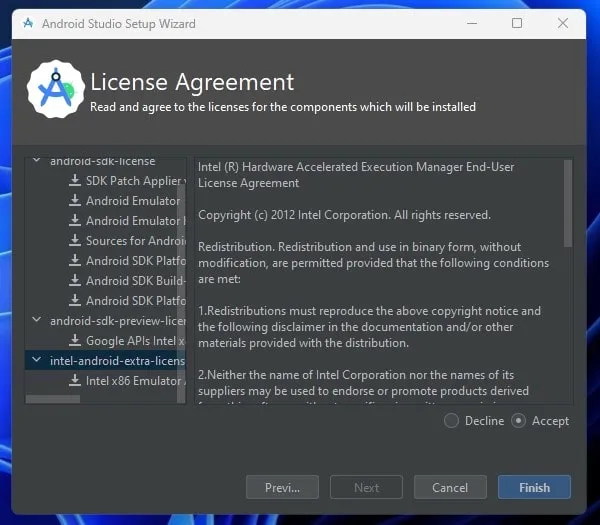 Accept License Agreement of Android Studio