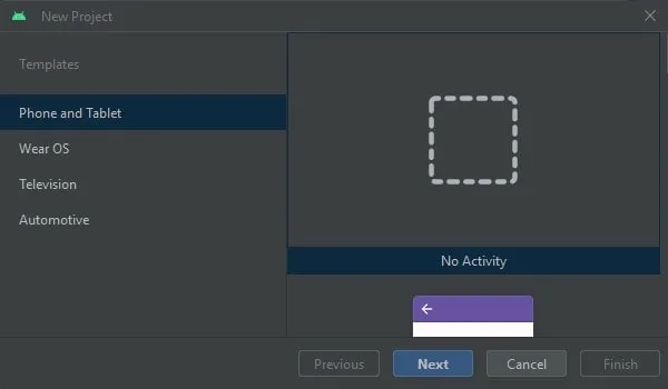 Select No Activity in New Android Studio Project