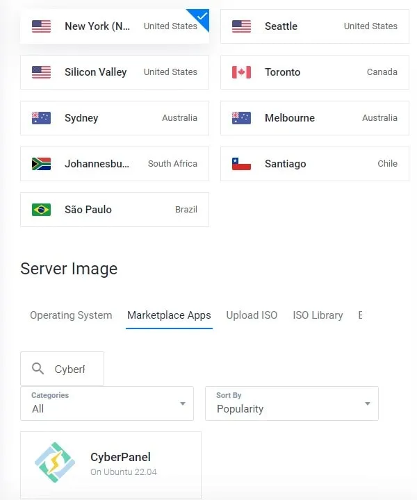 Select Server Location and CyberPanel on Ubuntu