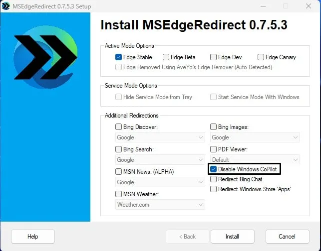 Disable Windows CoPilot using MSEdgeRedirect
