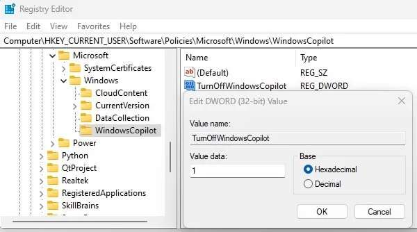 Disable Windows Copilot using Registry Editor